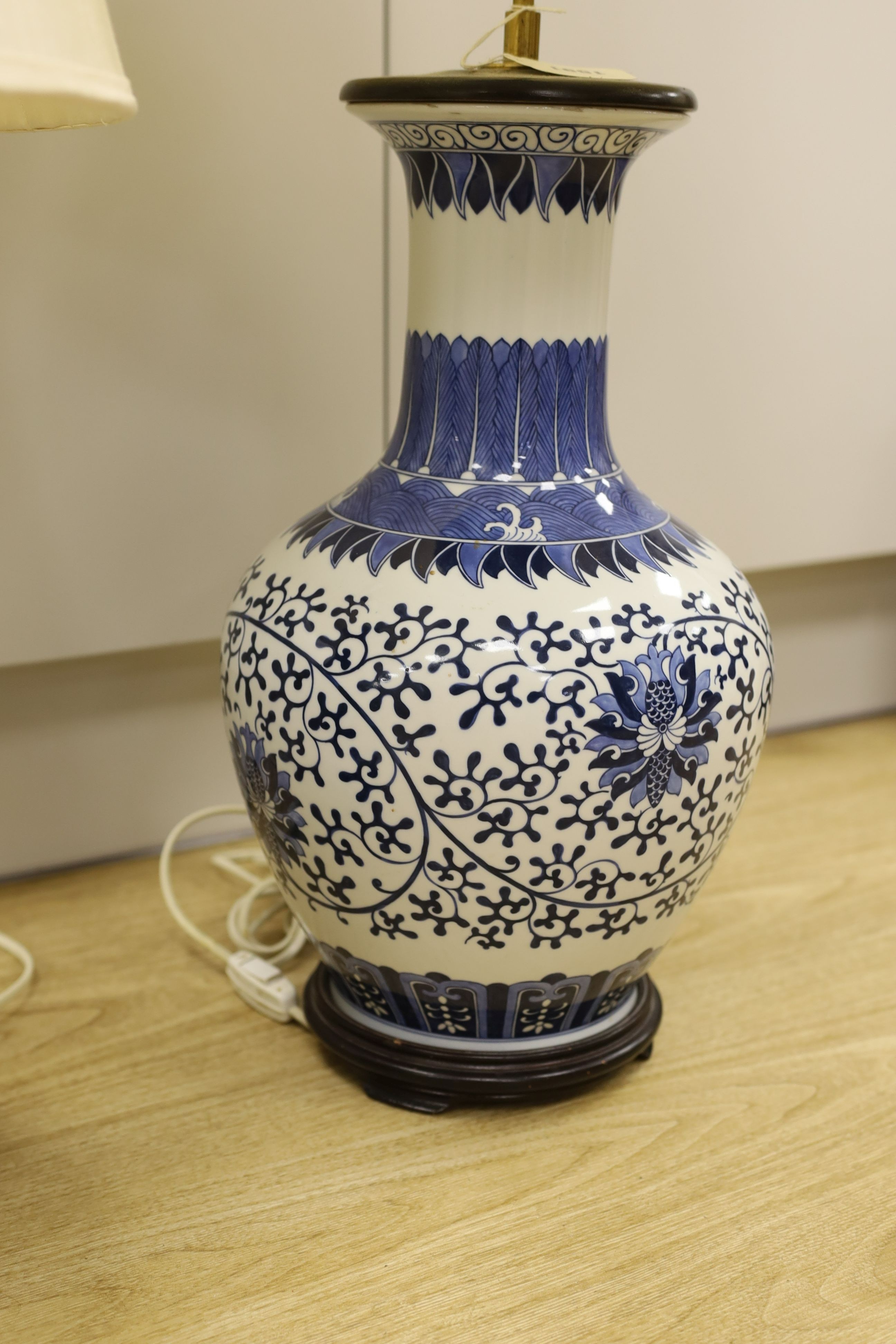 A pair of large Chinese blue and white table lamps - base: 48cm tall